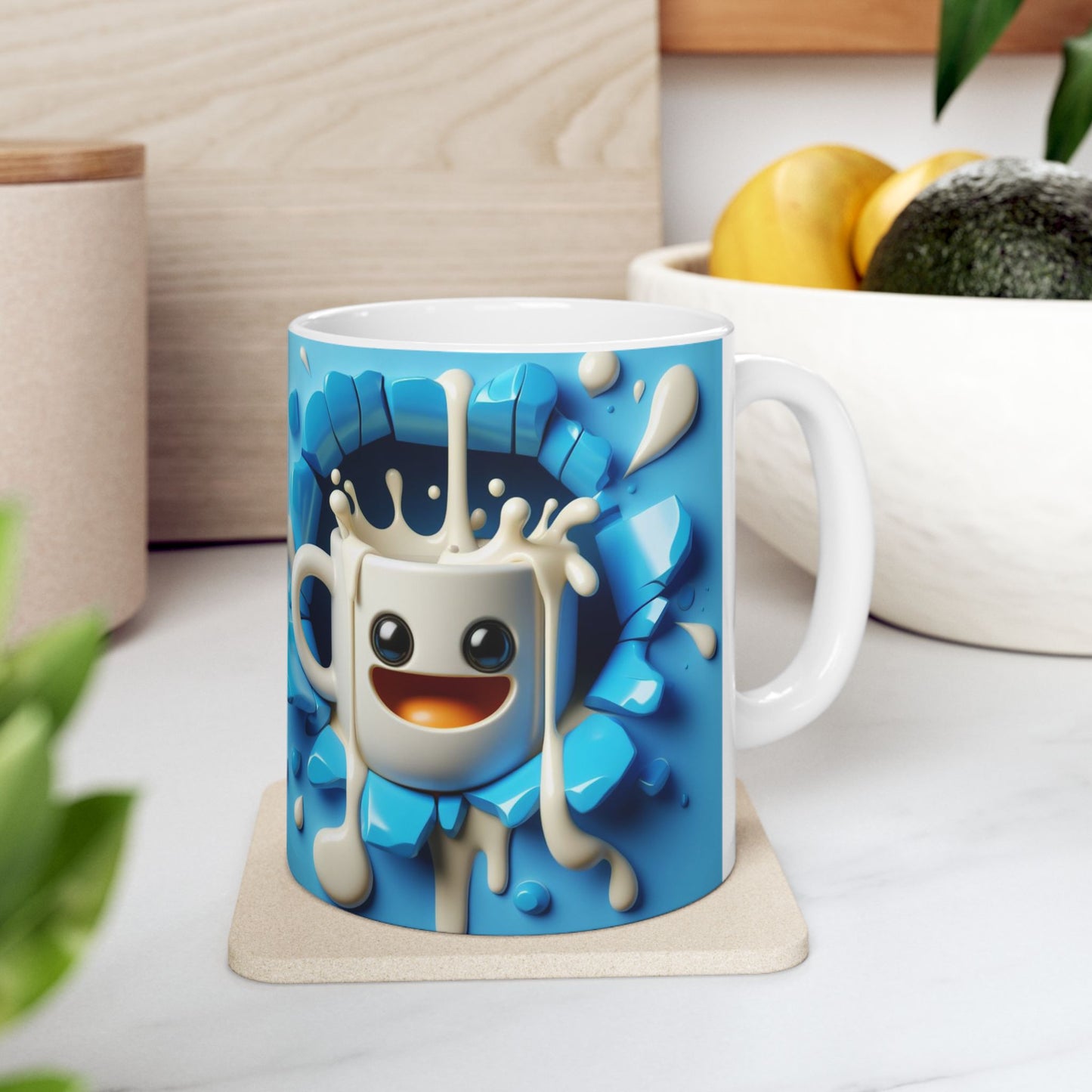 Blue Cute Gift Mug with Happy Cartoon Splash