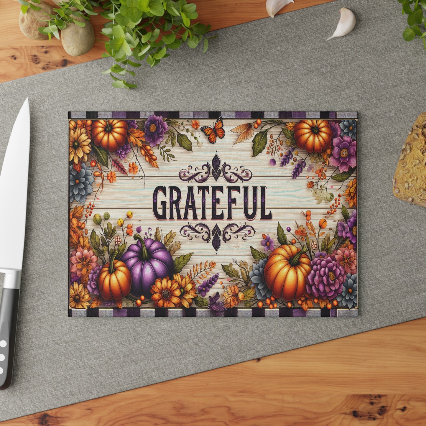 Grateful Fall Glass Cutting Board With Thanksgiving Pumpkins Kitchen Decor
