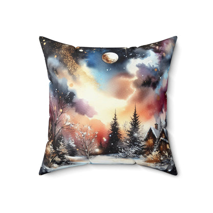 Cozy Snowy Cabin Winter Moonlit Landscape Decorative Throw Pillow