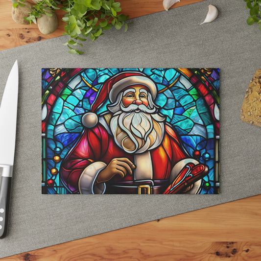 Santa Stained Glass Glass Cutting Board