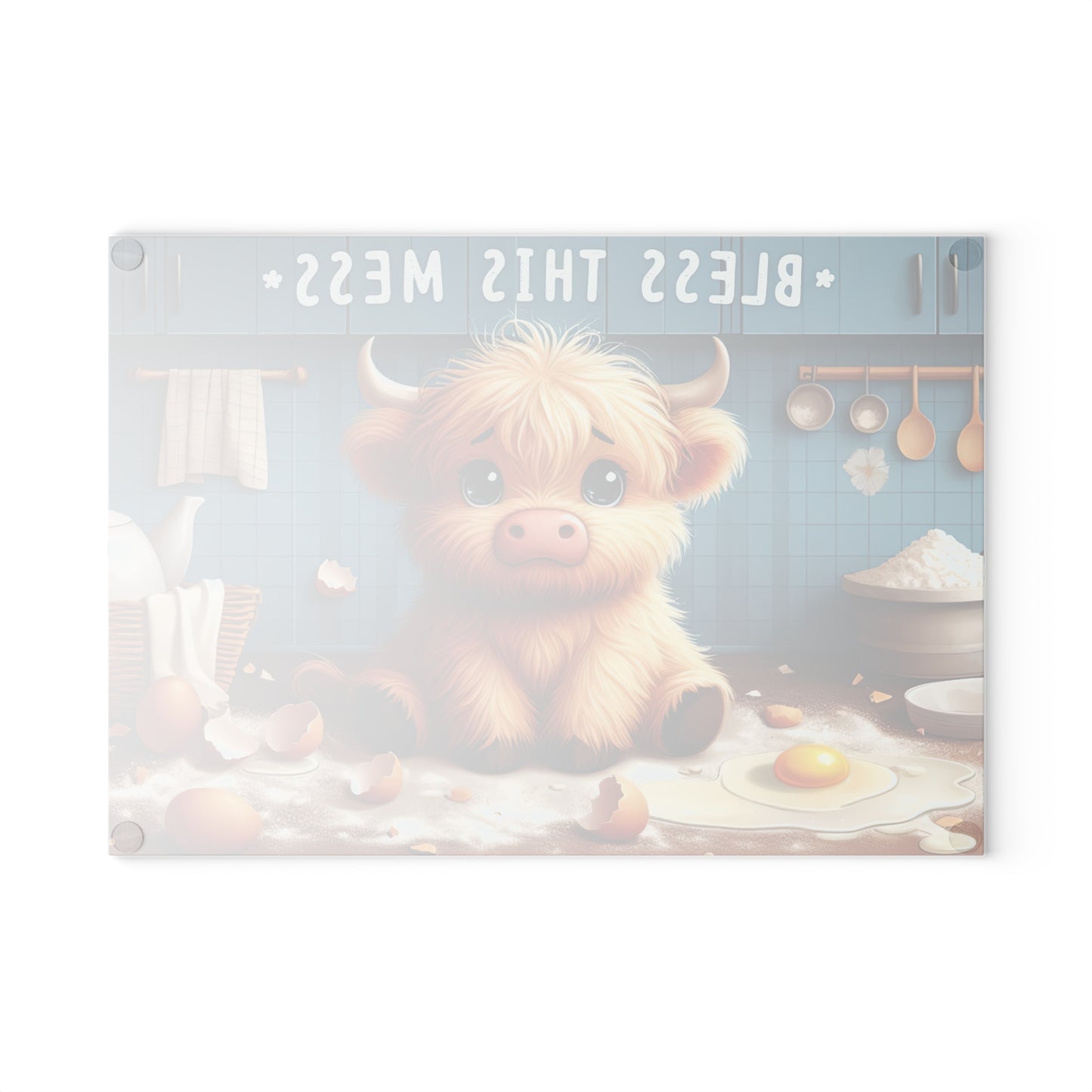 "Bless This Mess" Cute Highland Calf Kitchen Glass Cutting Board.