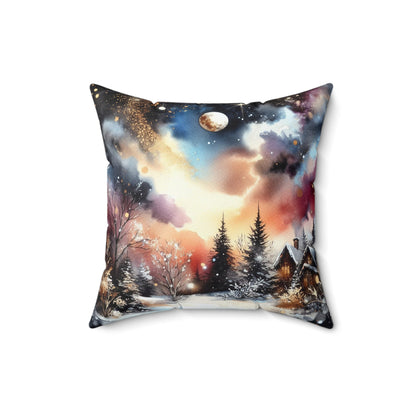 Cozy Snowy Cabin Winter Moonlit Landscape Decorative Throw Pillow