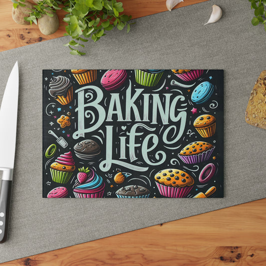 'Baking Life' Colorful Cupcake Kitchen Glass Cutting Board.