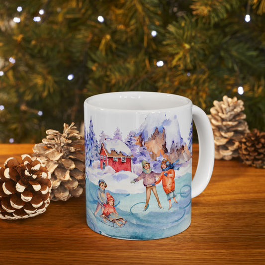 Winter Fun Scene & Cozy Snowy Village Gift Mug