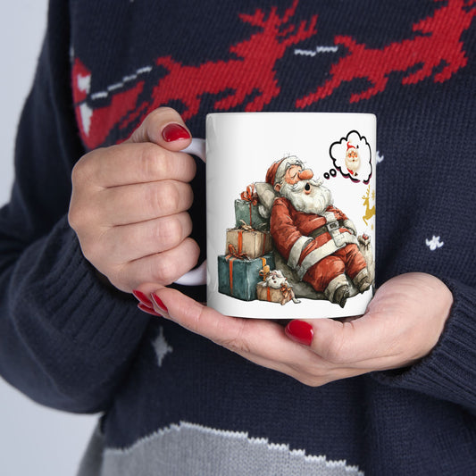 Whimsical Santa and Reindeer Stack of Gifts Christmas Gift Mug