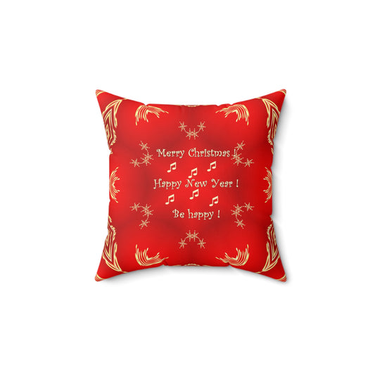 Holiday Red "Merry Christmas, Happy New Year! Be Happy!" Festive Cushion Throw Pillow.