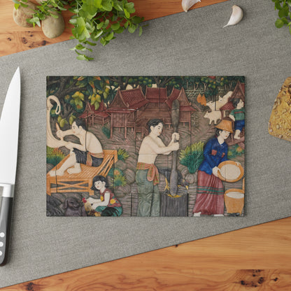 Thailand Legacy Trail: Nostalgic Thai Village Meal Prepping Scene, Kitchen Glass Cutting Board.