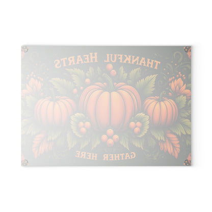 “Thankful Hearts Gather Here” Fall Pumpkin Kitchen Decor Glass Cutting Board