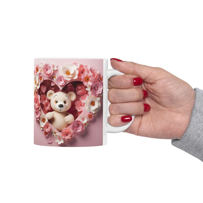 Pink Floral Heart Teddy Bear Gift Mug