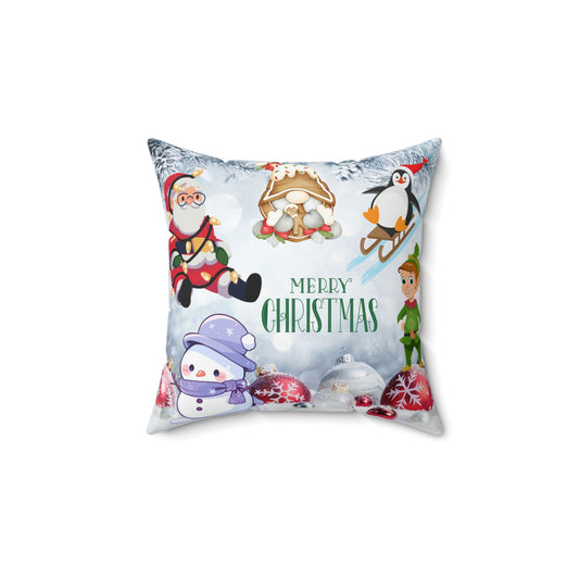 'Merry Christmas' Holiday Decorative Throw Pillow with Santa, Snowman & Penguin.