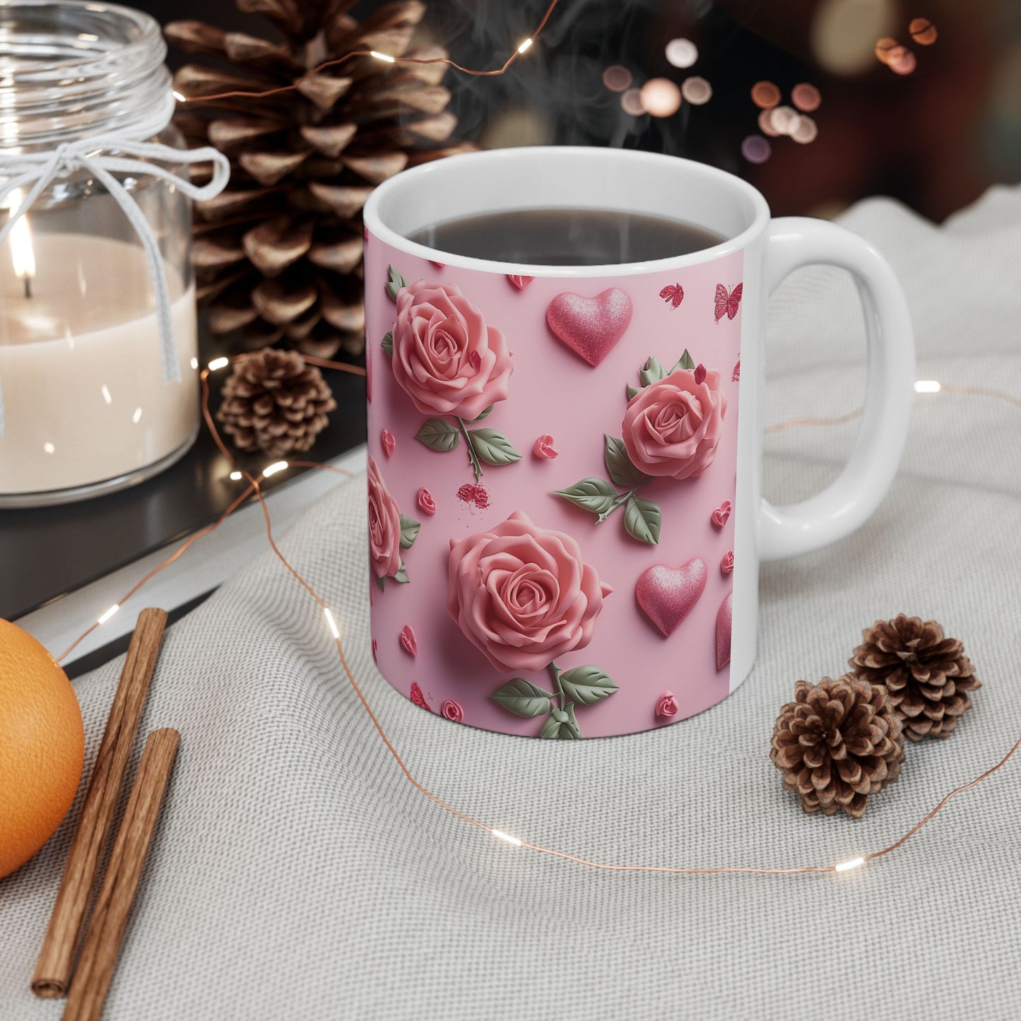 Pink Valentine Rose & Hearts Gift Mug
