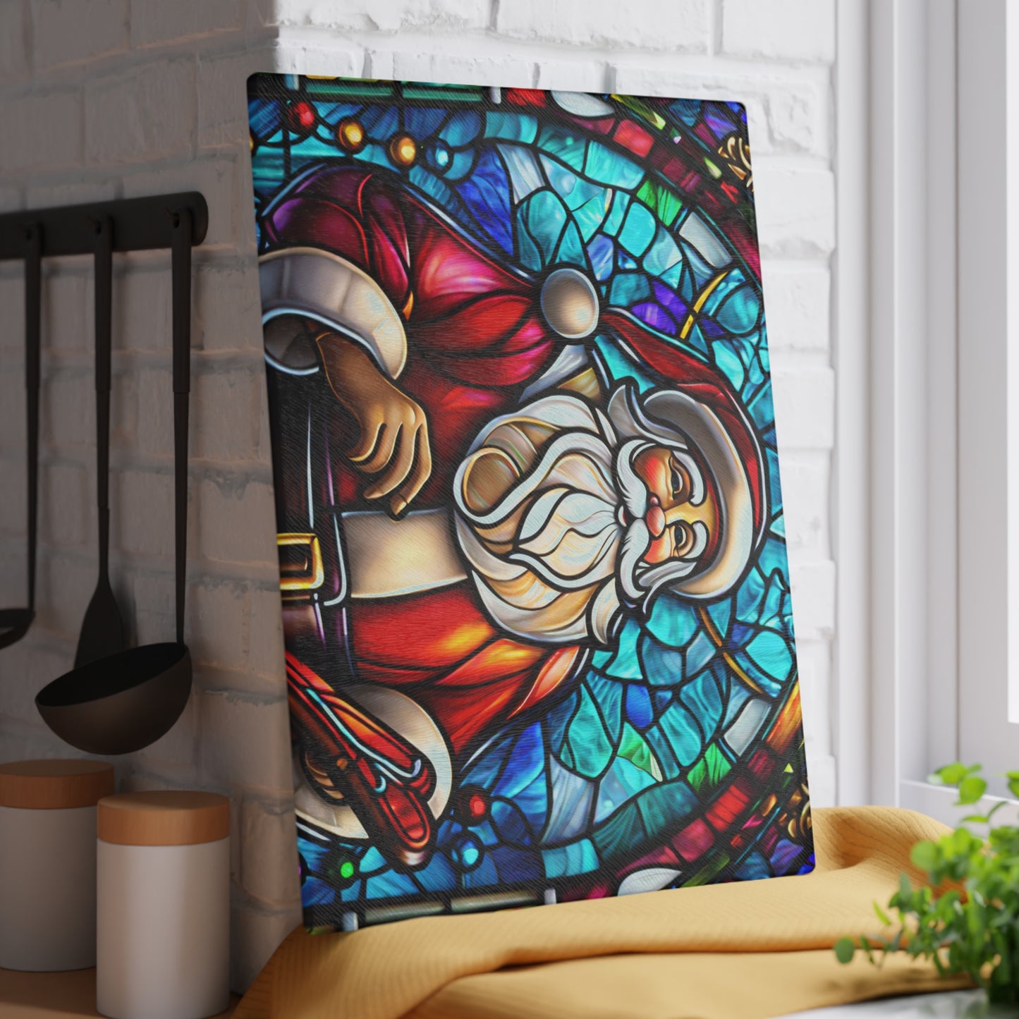Santa Stained Glass Glass Cutting Board