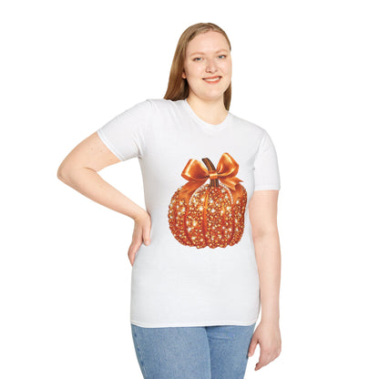 Women Sparkling Glitter Orange Pumpkin Autumn T-Shirt