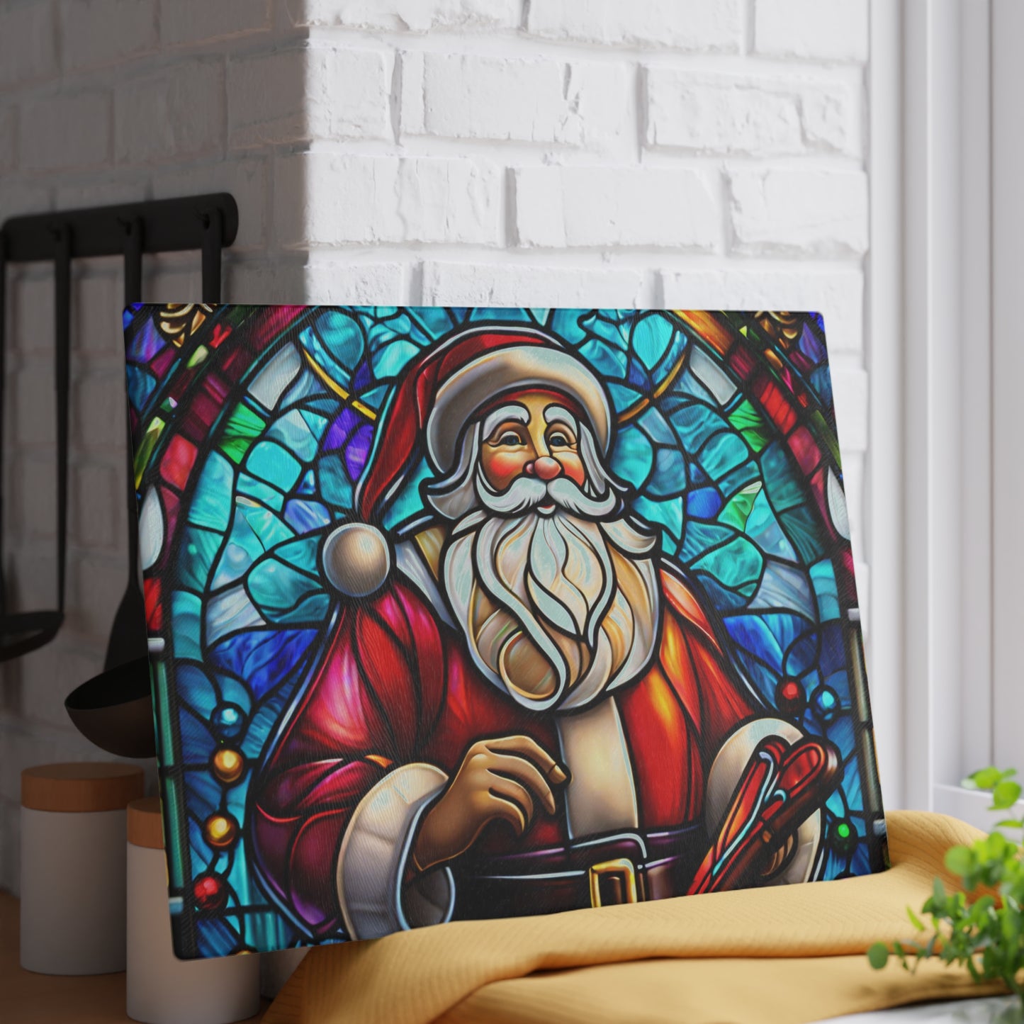 Santa Stained Glass Glass Cutting Board