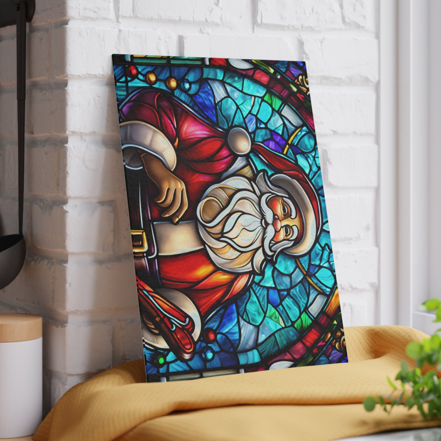 Santa Stained Glass Glass Cutting Board