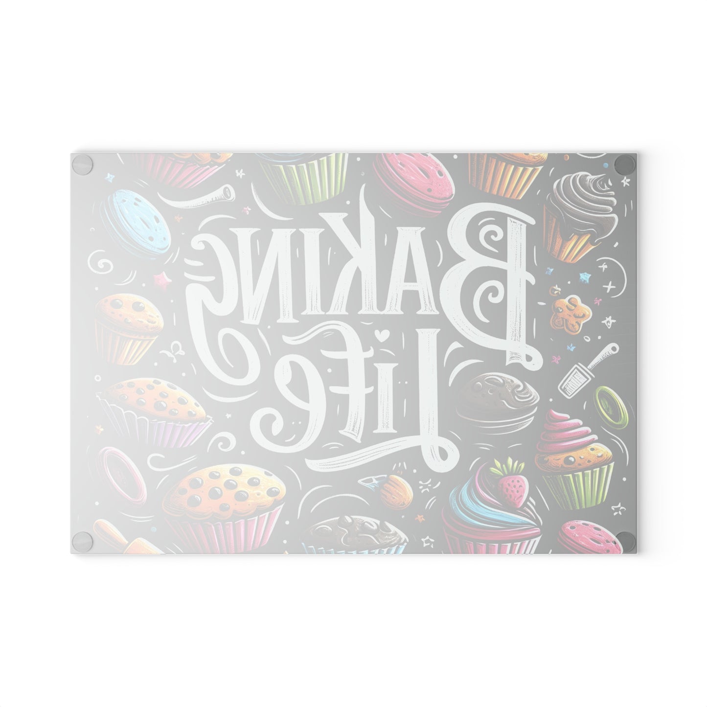 'Baking Life' Colorful Cupcake Kitchen Glass Cutting Board.