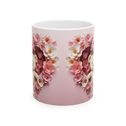 Pink Floral Heart Teddy Bear Gift Mug