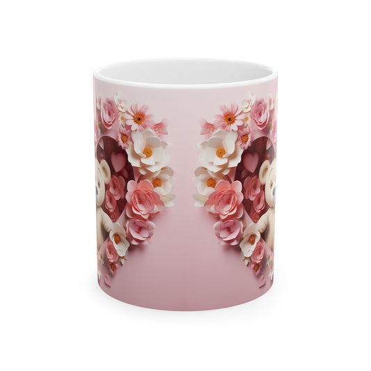Pink Floral Heart Teddy Bear Gift Mug