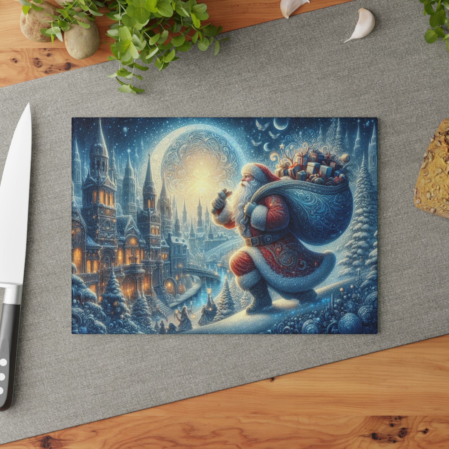 Vintage Santa Christmas Night Glass Cutting Board
