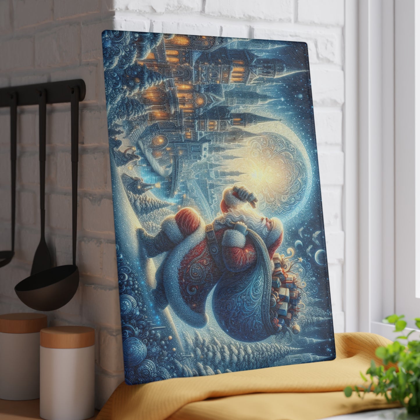 Vintage Santa Christmas Night Glass Cutting Board