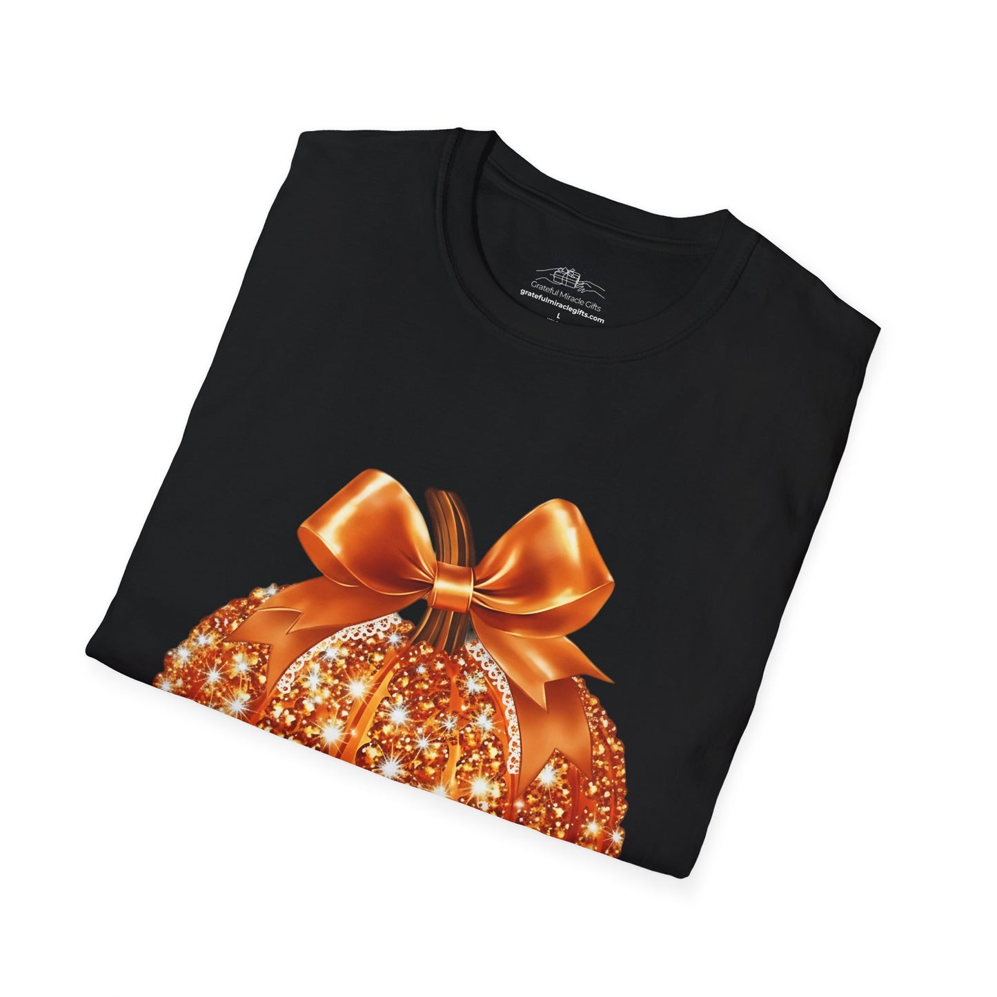 Women Sparkling Glitter Orange Pumpkin Autumn T-Shirt