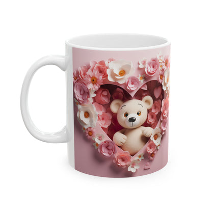 Pink Floral Heart Teddy Bear Gift Mug