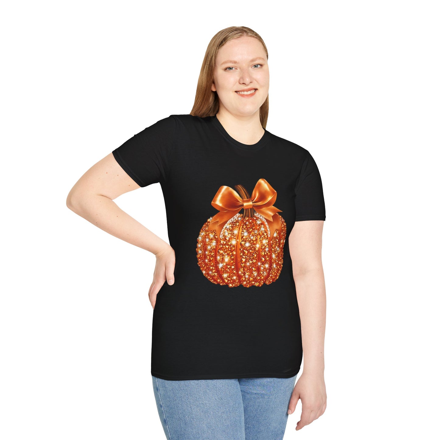 Women Sparkling Glitter Orange Pumpkin Autumn T-Shirt