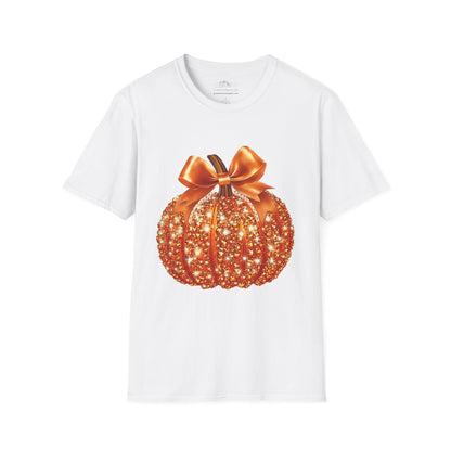 Women Sparkling Glitter Orange Pumpkin Autumn T-Shirt