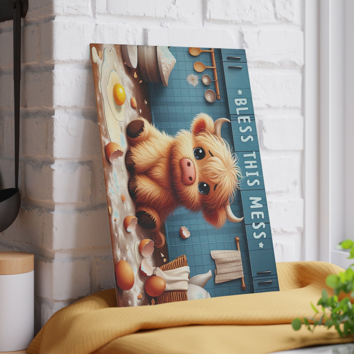 "Bless This Mess" Cute Highland Calf Kitchen Glass Cutting Board.