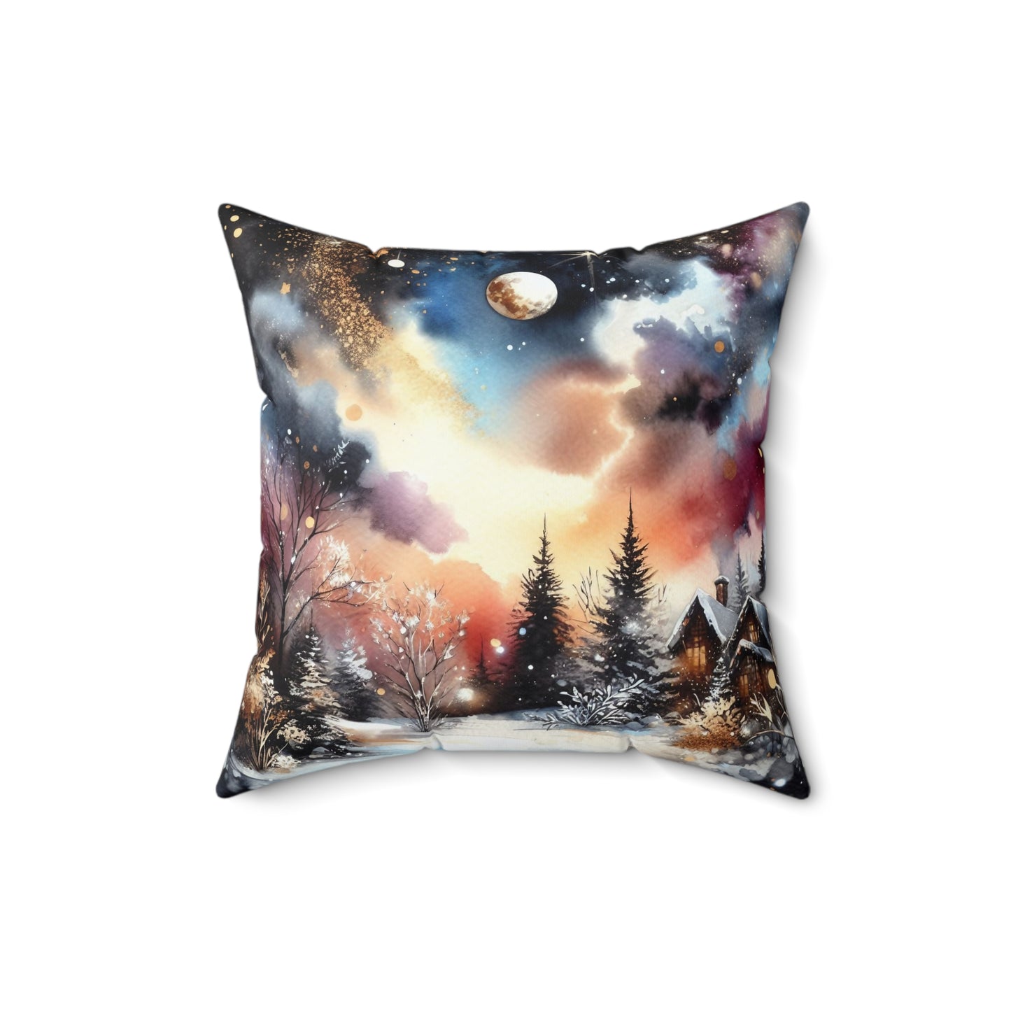 Cozy Snowy Cabin Winter Moonlit Landscape Decorative Throw Pillow