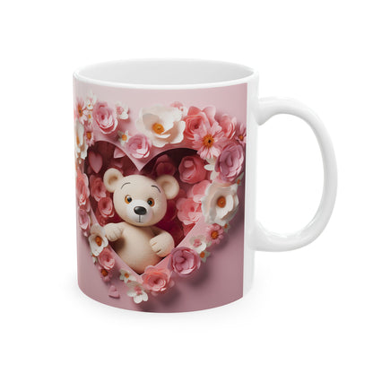 Pink Floral Heart Teddy Bear Gift Mug