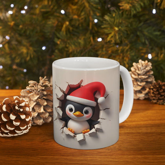 Cute Santa Penguin Cracking Through Wall Gift Mug