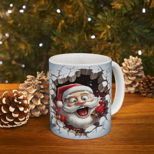 Santa & Elf Breakthrough Peeking Through Snowy Wall Gift Mug