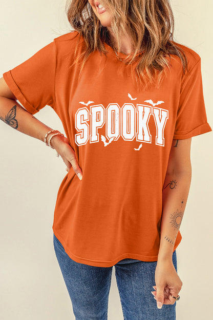 เสื้อยืดคอกลมพิมพ์ลาย SPOOKY สีส้มสำหรับวันฮาโลวีน