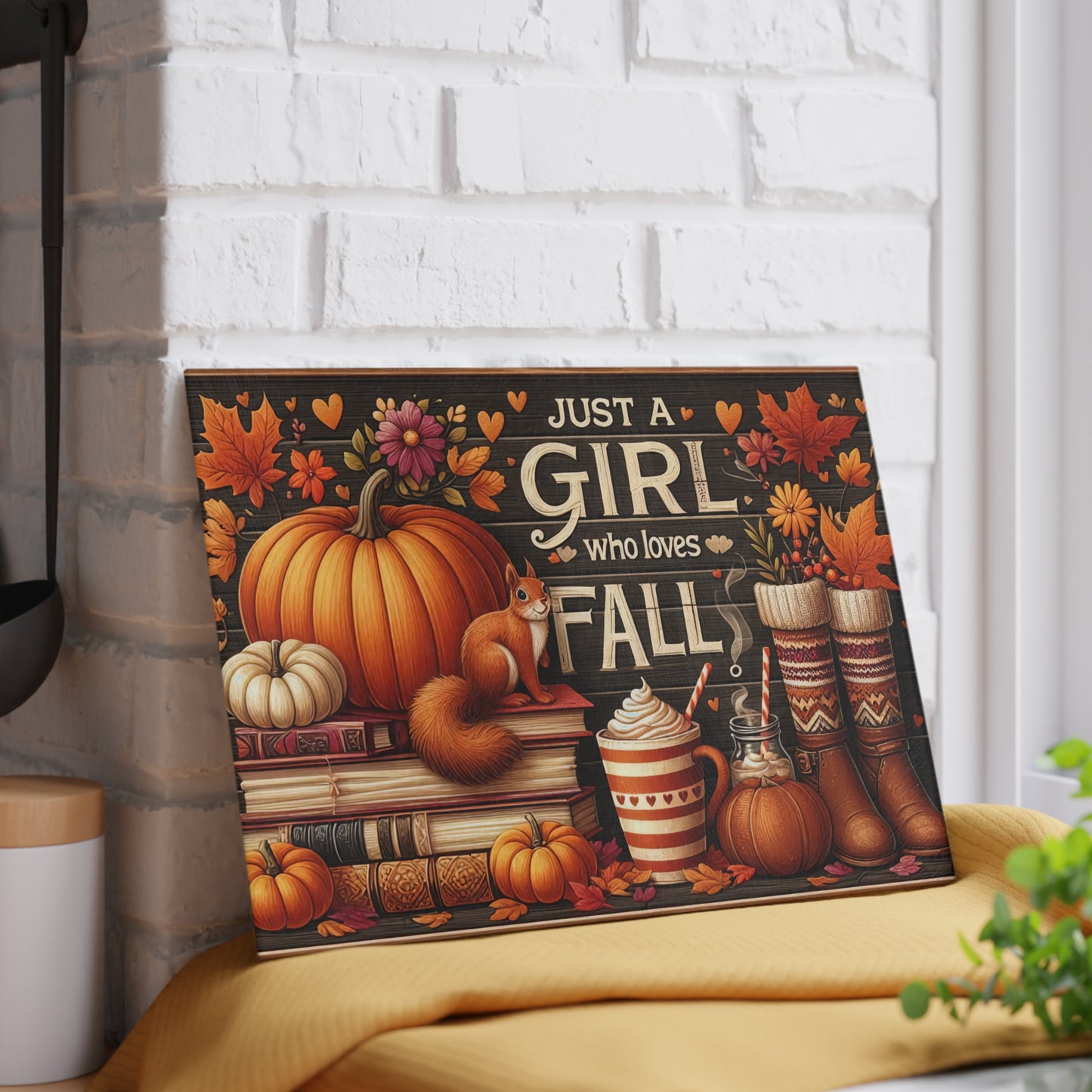 "Just a Girl Who Loves Fall" Pumpkin & Cozy Autumn Kitchen Decor Glass Cutting Board.