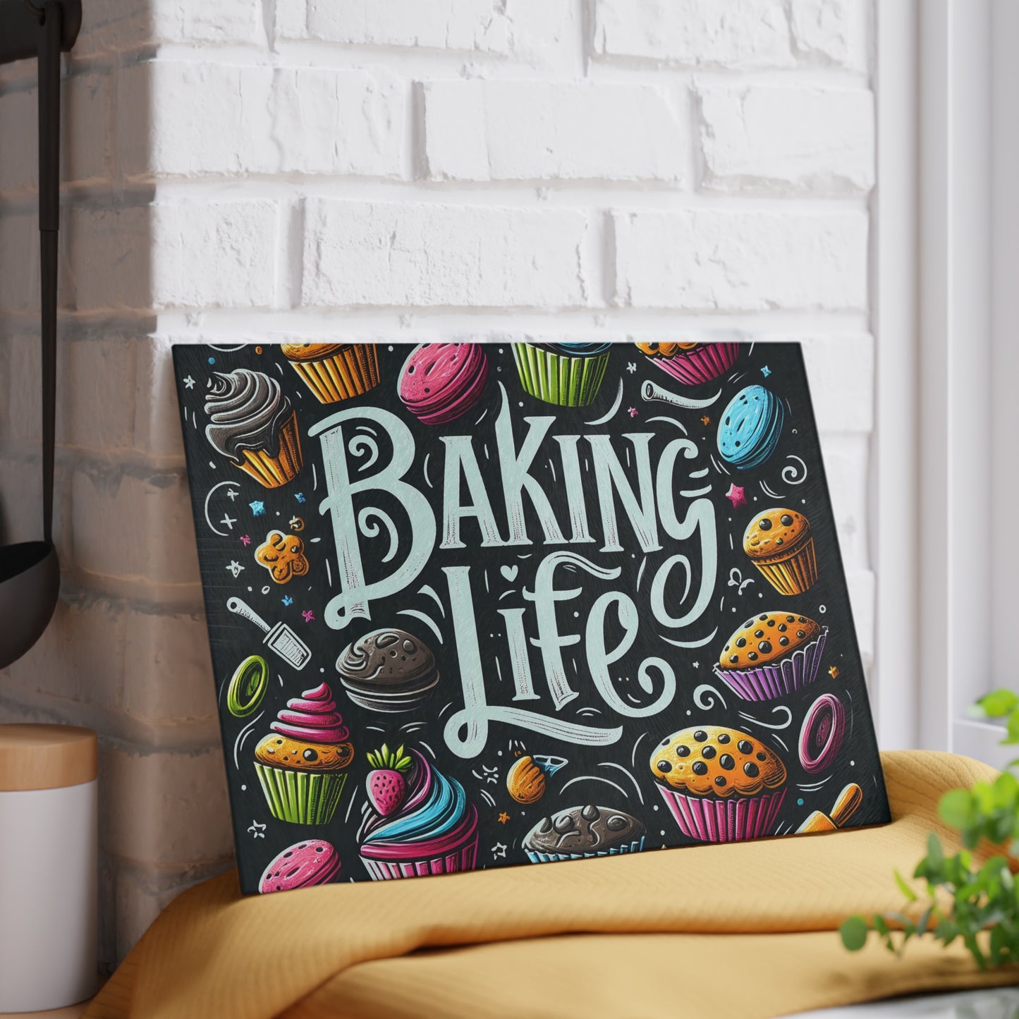 'Baking Life' Colorful Cupcake Kitchen Glass Cutting Board.