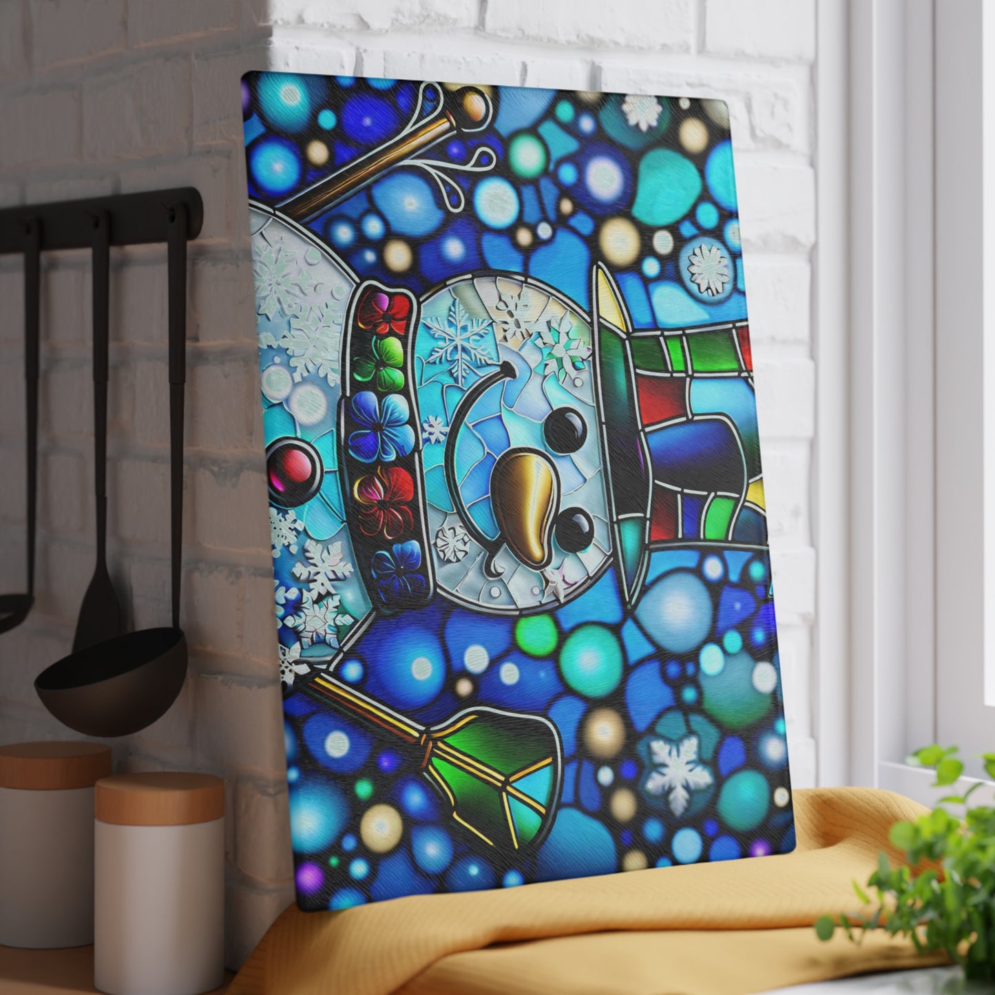 Snowman Stained-Glass Glass Cutting Board