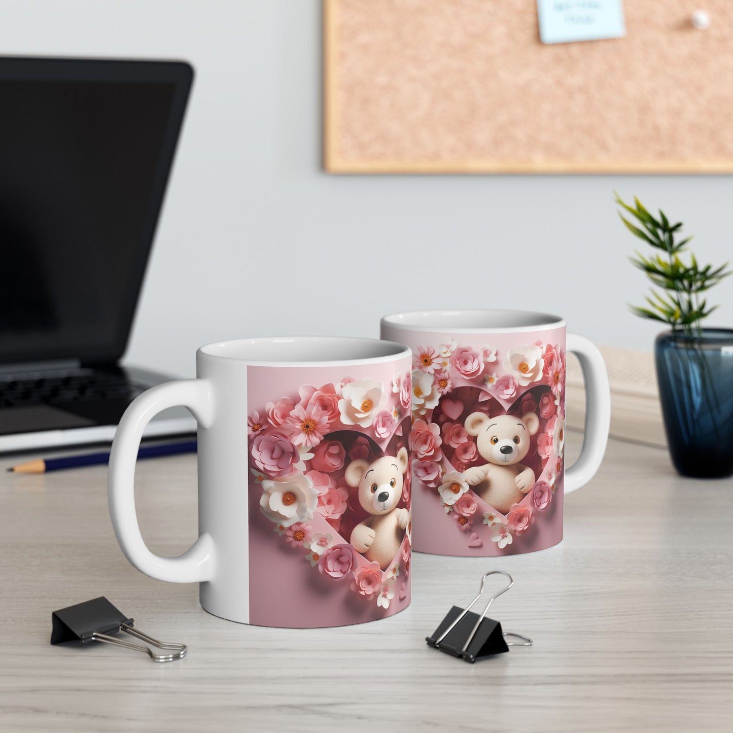 Pink Floral Heart Teddy Bear Gift Mug