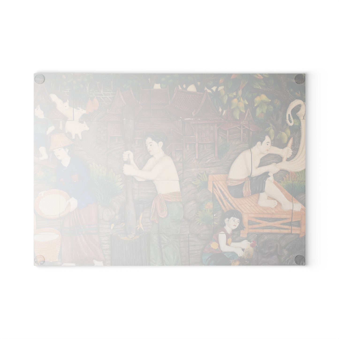 Thailand Legacy Trail: Nostalgic Thai Village Meal Prepping Scene, Kitchen Glass Cutting Board.