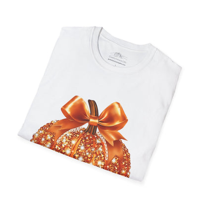 Women Sparkling Glitter Orange Pumpkin Autumn T-Shirt
