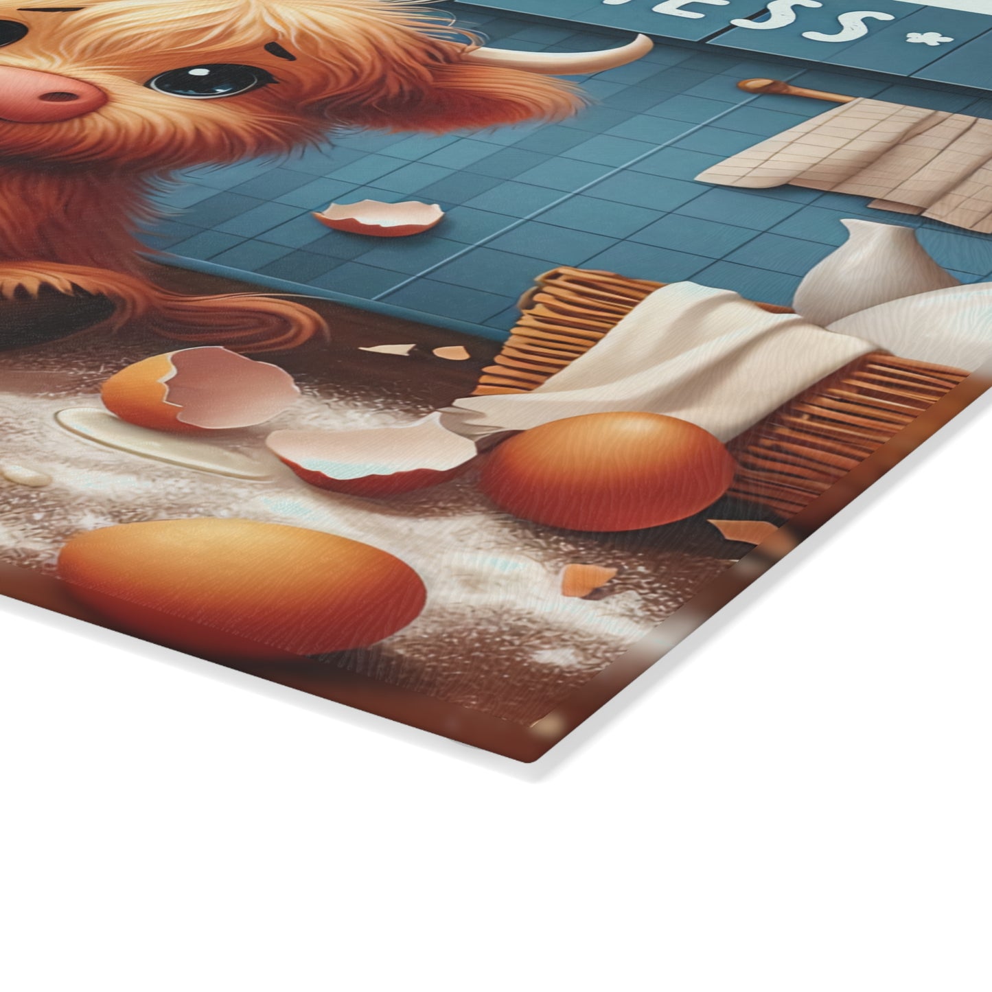 "Bless This Mess" Cute Highland Calf Kitchen Glass Cutting Board.