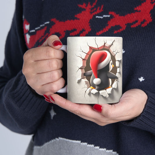 Cute Santa Penguin Cracking Through Wall Gift Mug