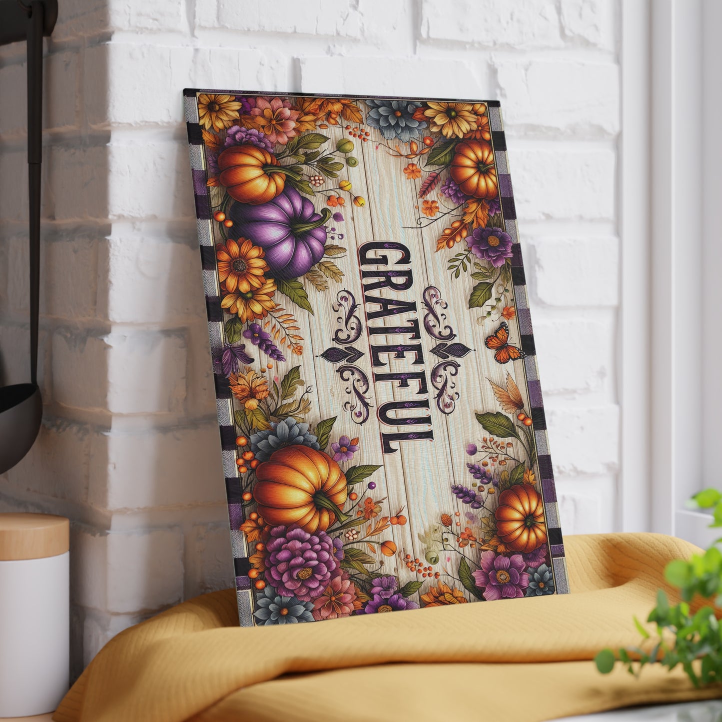 Grateful Fall Glass Cutting Board With Thanksgiving Pumpkins Kitchen Decor