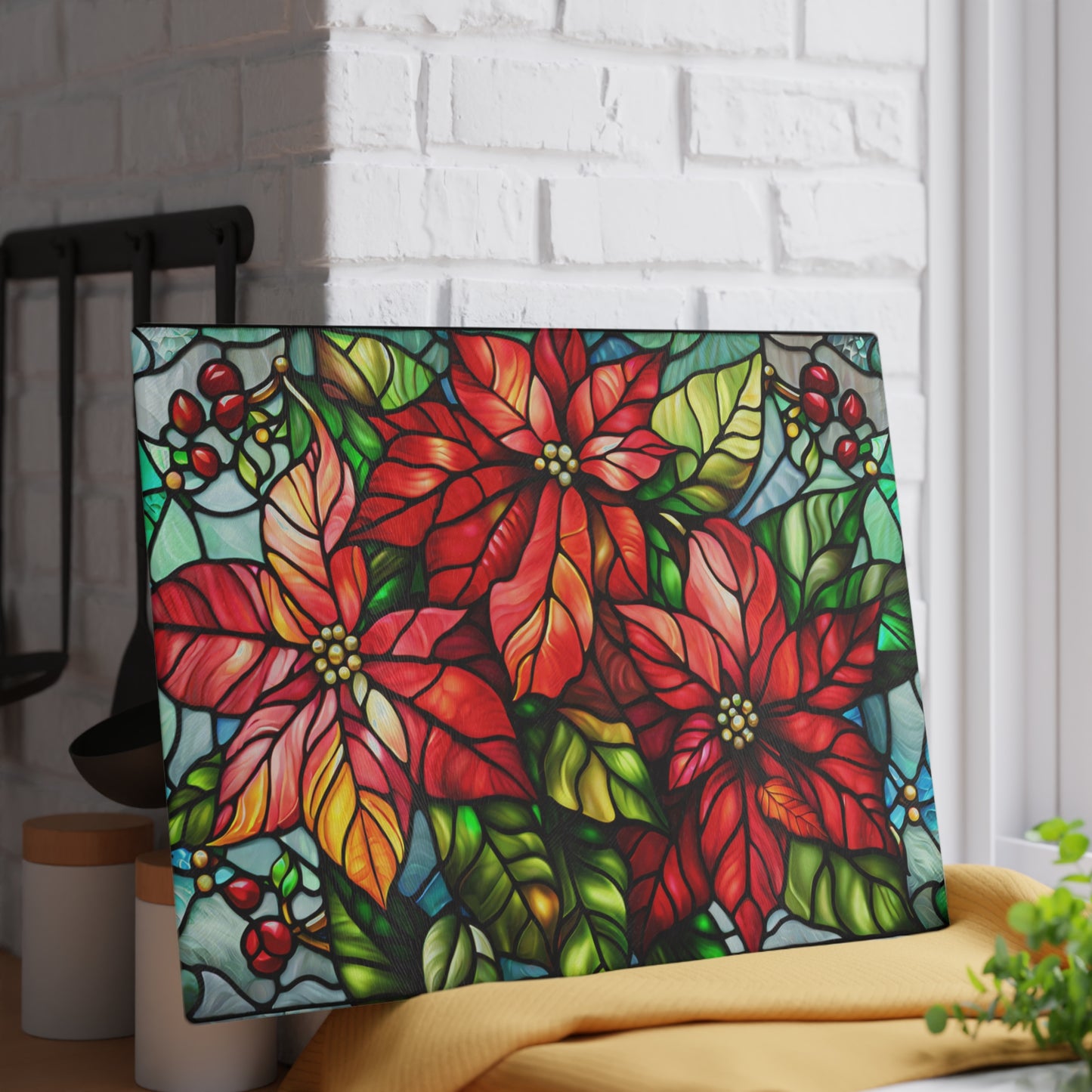 Poinsettia Stained Glass Glass Cutting Board