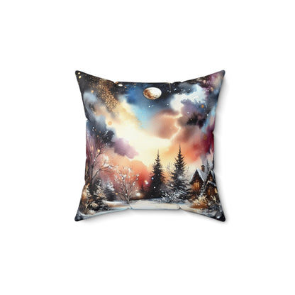 Cozy Snowy Cabin Winter Moonlit Landscape Decorative Throw Pillow