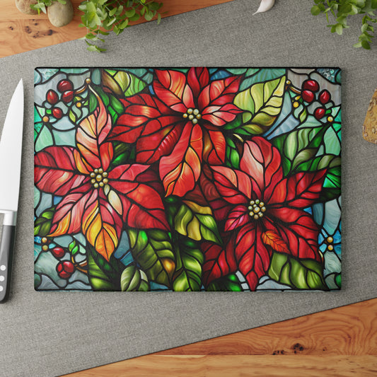 Poinsettia Stained Glass Glass Cutting Board