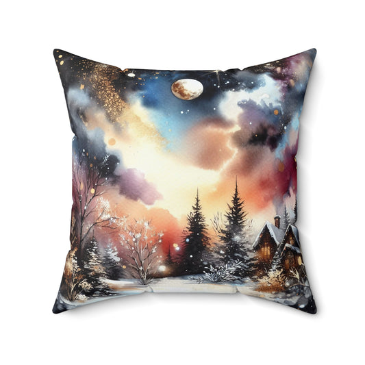 Cozy Snowy Cabin Winter Moonlit Landscape Decorative Throw Pillow