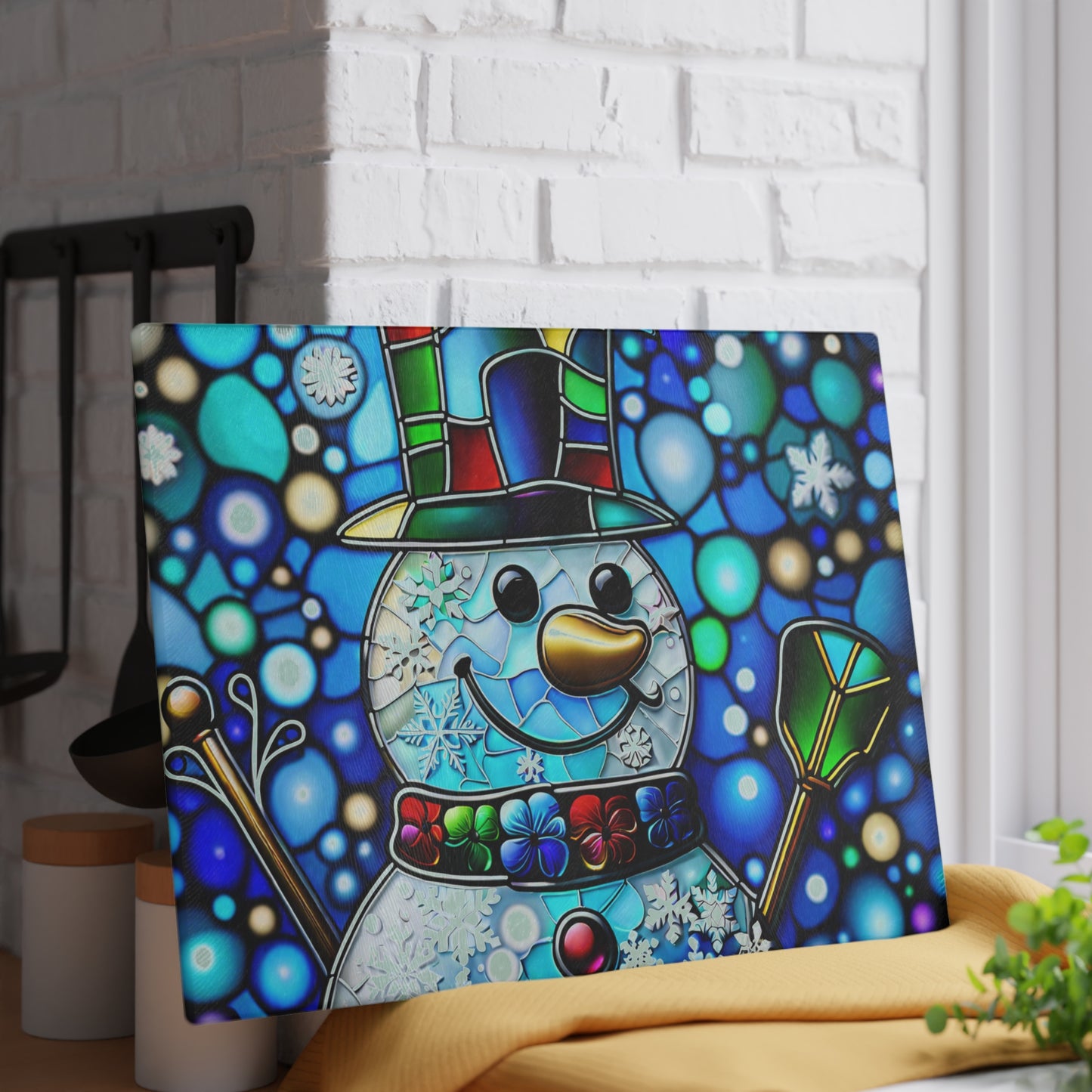 Snowman Stained-Glass Glass Cutting Board