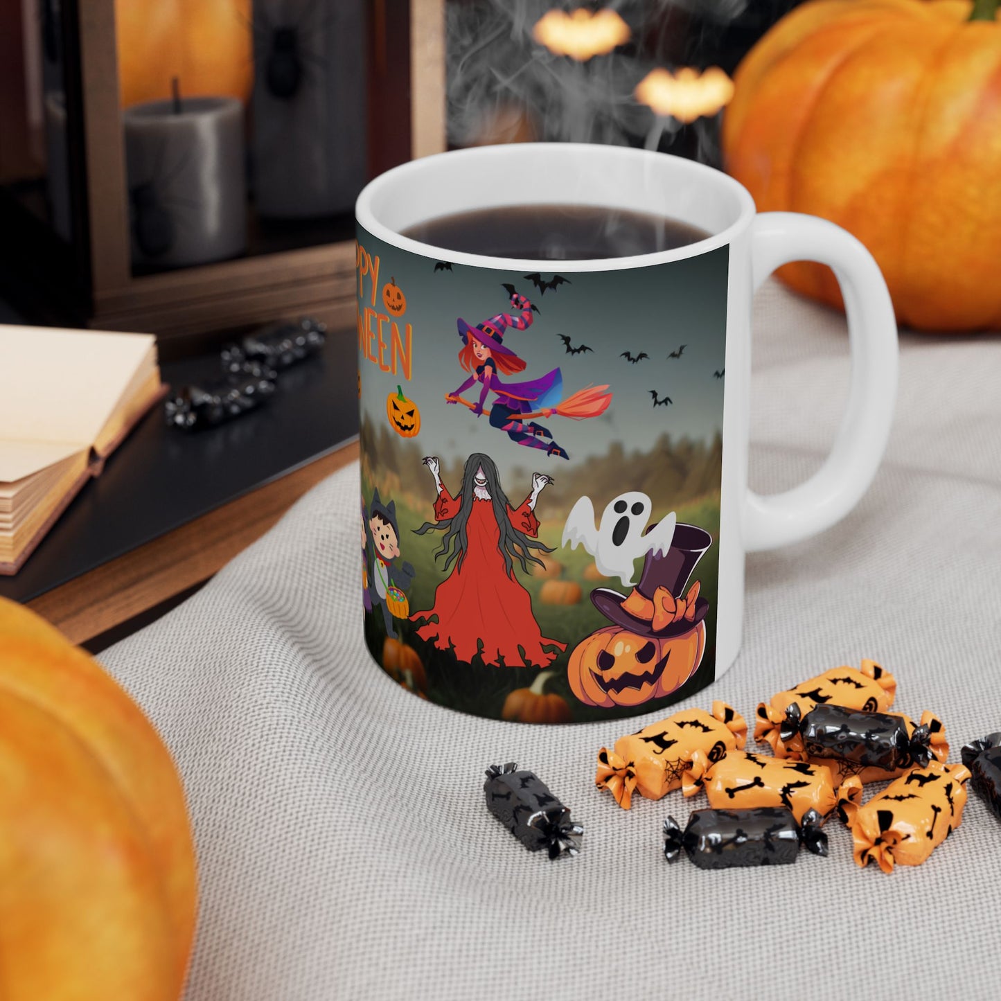 แก้วเซรามิกฮาโลวีน แก้วฮาโลวีนสุดสนุก แก้วกาแฟลายฟักทอง 11 ออนซ์ 15 ออนซ์ แก้วผี ของขวัญฮาโลวีนสำหรับเด็ก